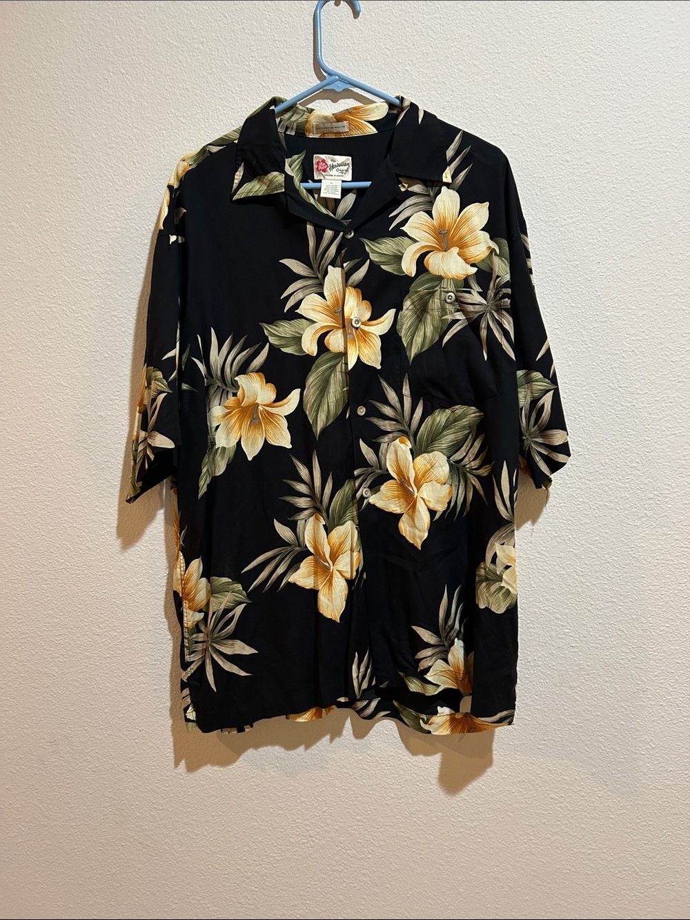 Hilo Hattie Black Hawaiian Shirt with Yellow and Cream Blooms